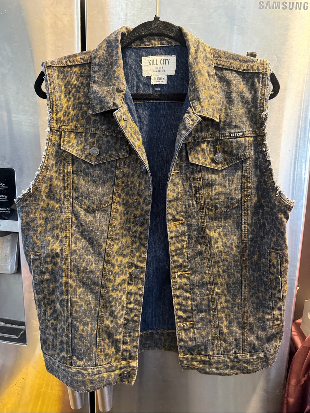 Kill City Men's Leopard Print Denim Vest in Yellow-Black